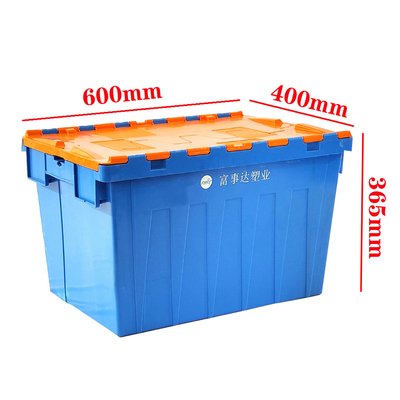 600*400*365mm Plastic Nestable Crate Bevestigd Deksel Containers Zwaar werk